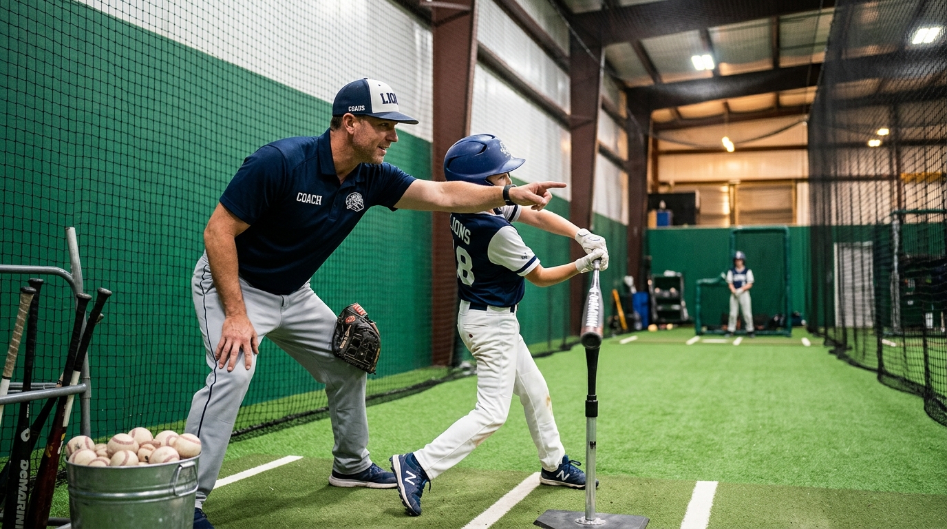 Baseball coach working 1-on-1 with young player at Dingers